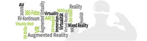 Das Bild zeigt eine Wordcloud aus VR&AR-Begriffen und eine Silhouette einer Person mit VR-Brille